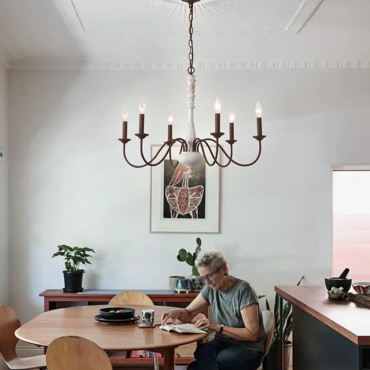 French Country Chandelier,6-Light Farmhouse Chandelier Vintage Candle Dining Room Lighting Fixture Brown White Antique Industrial Chandeliers for Living Room Kitchen Island Foyer Bedroom Lighting