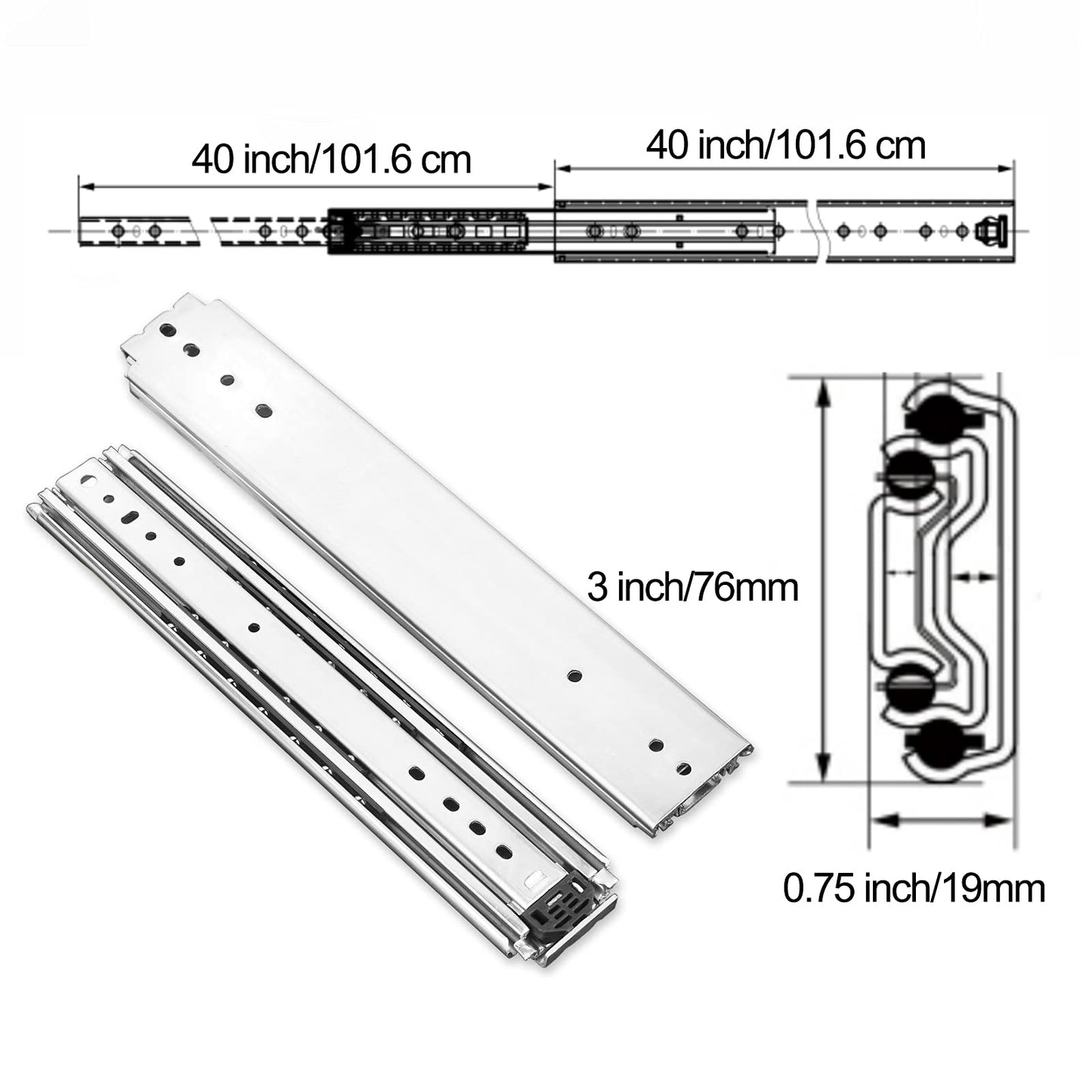 KCOLVSION 1 Pair 40 Inch 500 Lb Capacity Heavy Duty Drawer Slides with Screws,Side Mount Full Extension 3 Fold Ball Bearing Stainless Steel Hardware Drawer Rails,Industrial DIY