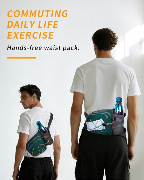 sportsnew Hydration Waist Pack with Water Bottle Holder, 2L Large Fanny Pack for Running Hiking Dog Walking, Water-Resistant Crossbody Waist Bag for Men Women, Dark Green