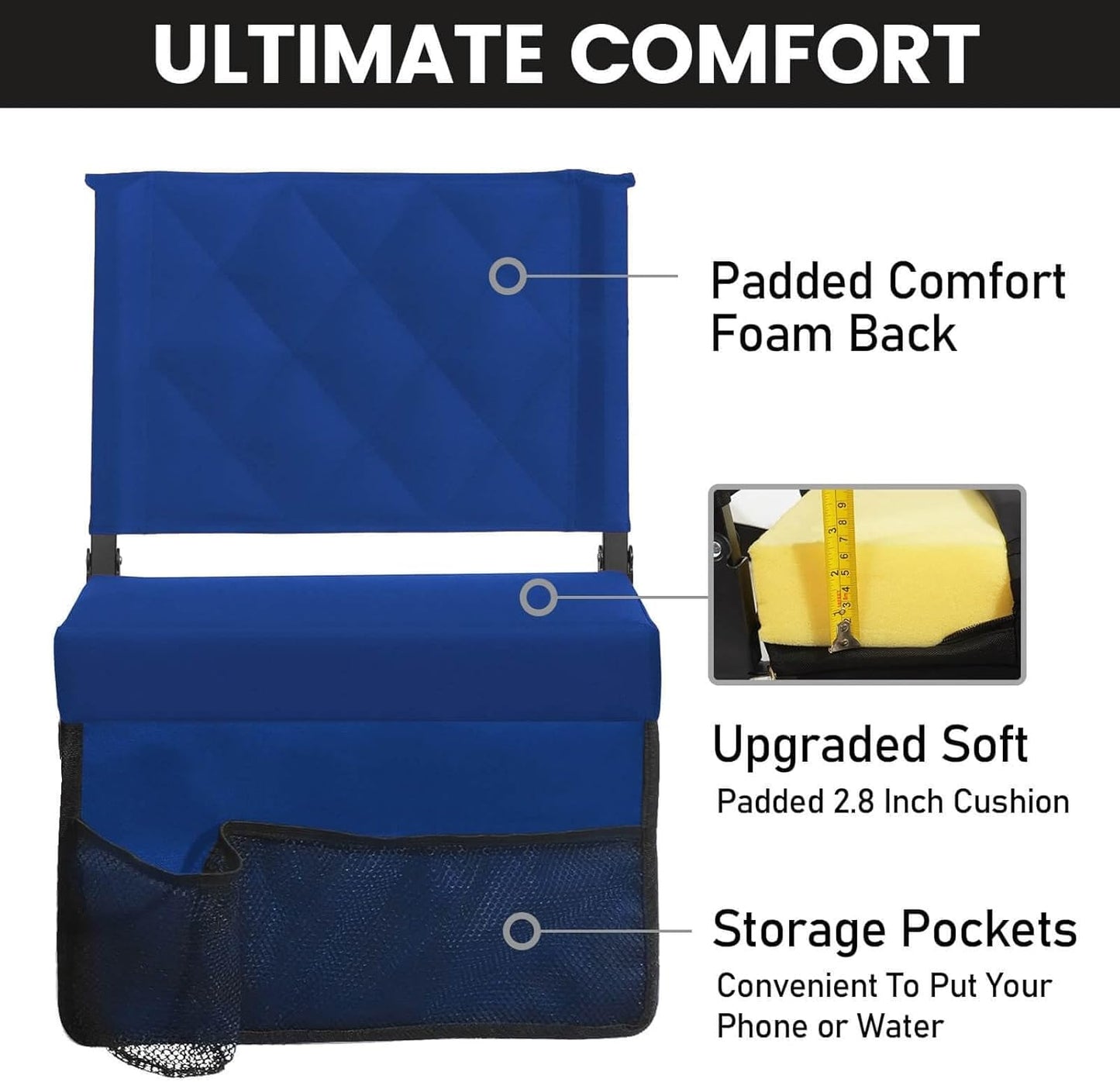 Sheenive Stadium Seats - Padded Bleacher Chairs with Back Support & Shoulder Strap | Portable Comfort, Blue