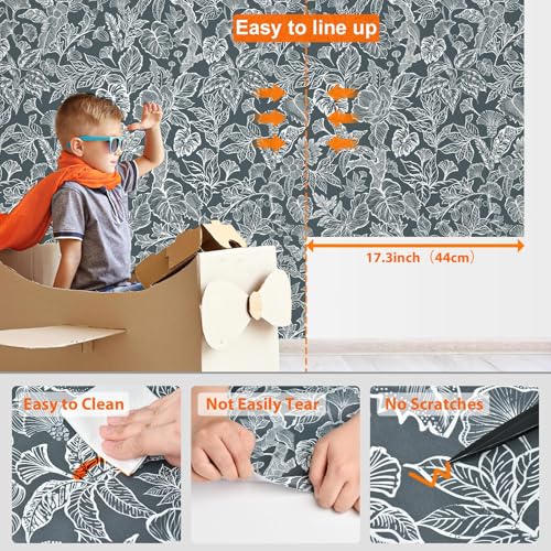 Tropical Peel and Stick Wallpaper Boho Contact Paper Cabinet Dark Blue Navy White Removable Self Adhesive Contact Paper Modern Floral Leaf Bedroom Bathroom Wallpaper Waterproof 17.3inW 78.7inL