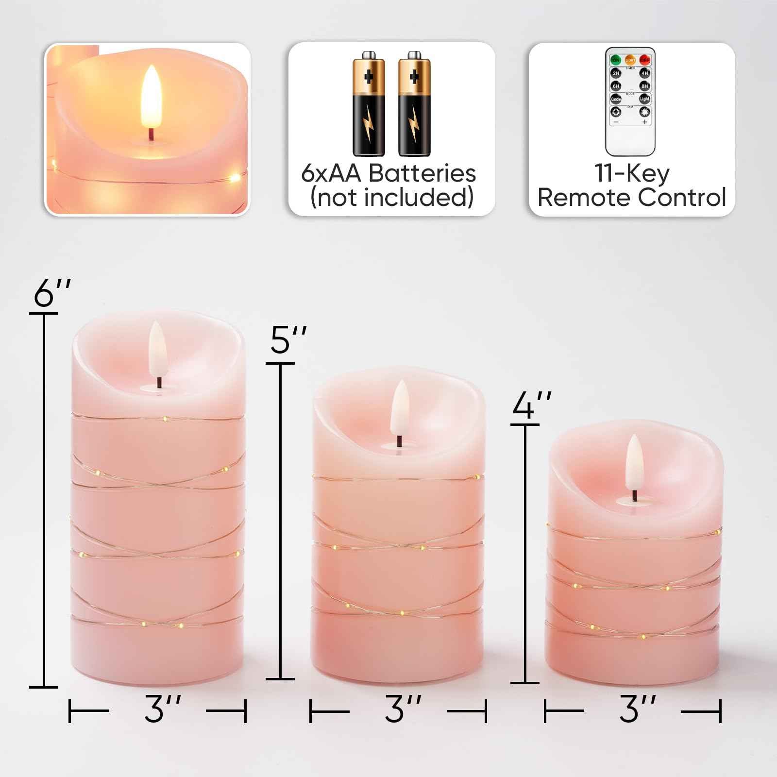 Homemory Flameless Candles with String Lights, 3 Pack Embedded Fairy String Lights LED Candles, Electric Flickering Candles with Remote Control and Timer, Real Wax, Pink