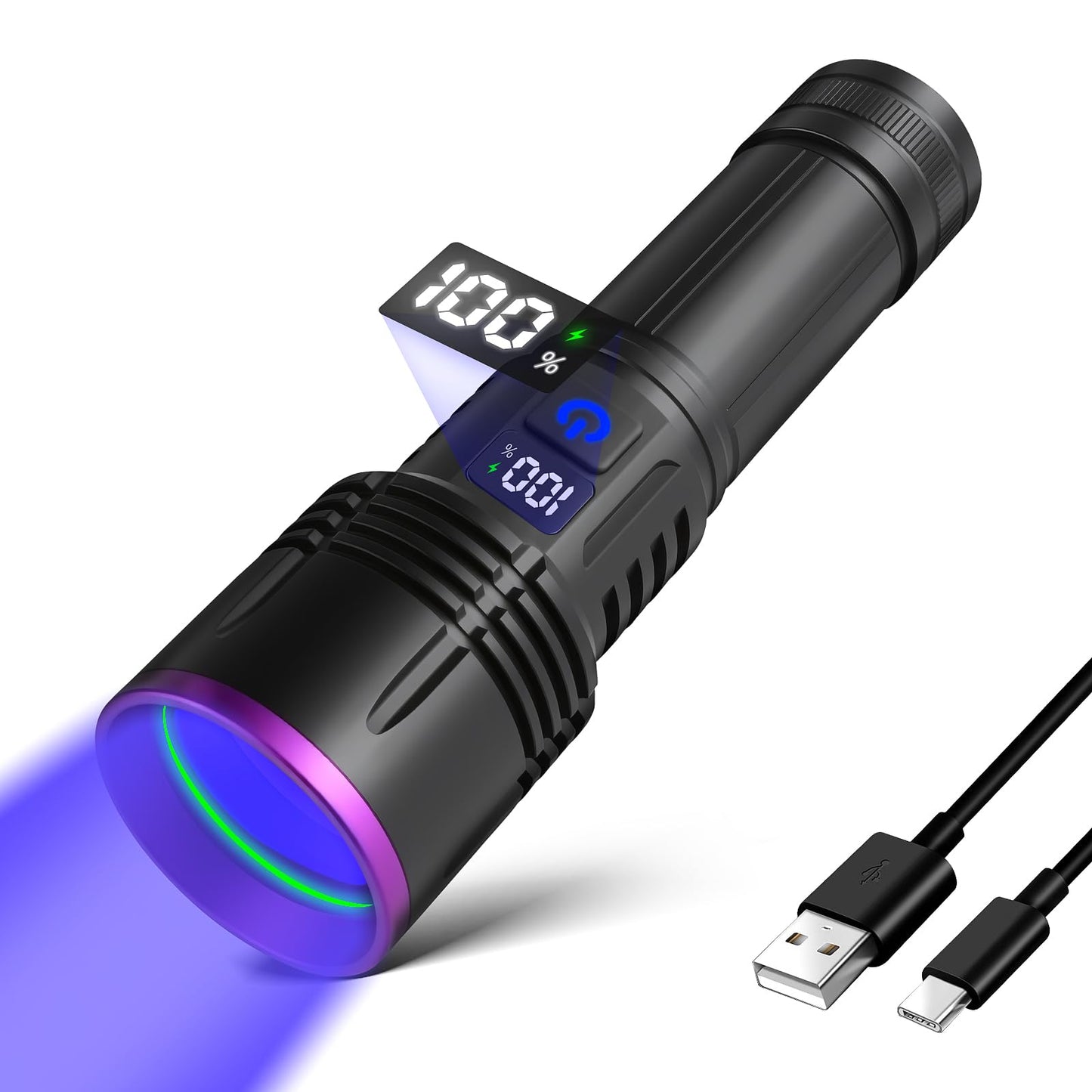 365nm UV Flashlight Rechargeable Black Light Flashlight Powerful, LCD Display Handheld UV Light for Pet Urine Detection,Resin Curing,Travel,Yooperlite,Scorpion,Blood Tracking,Rocks,Minerals,AC Leak