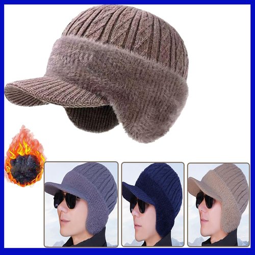 JHDESSLY Winter Beanie with Brim Ear Flaps for Men Women, Warm Fleece Lined Knit Hat Stocking Caps for for The Cold Weather Black