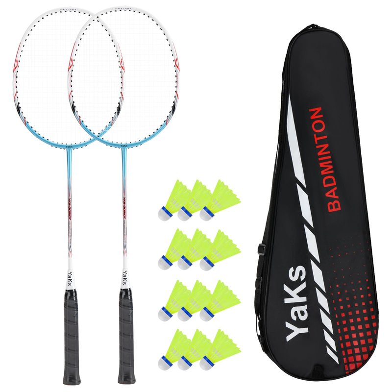 YAKS 3U Professional Carbon Fiber Badminton Racket Set - 2 Rackets Includes 12 Shuttlecocks & Carry Bag, Durable & Lightweight Blue