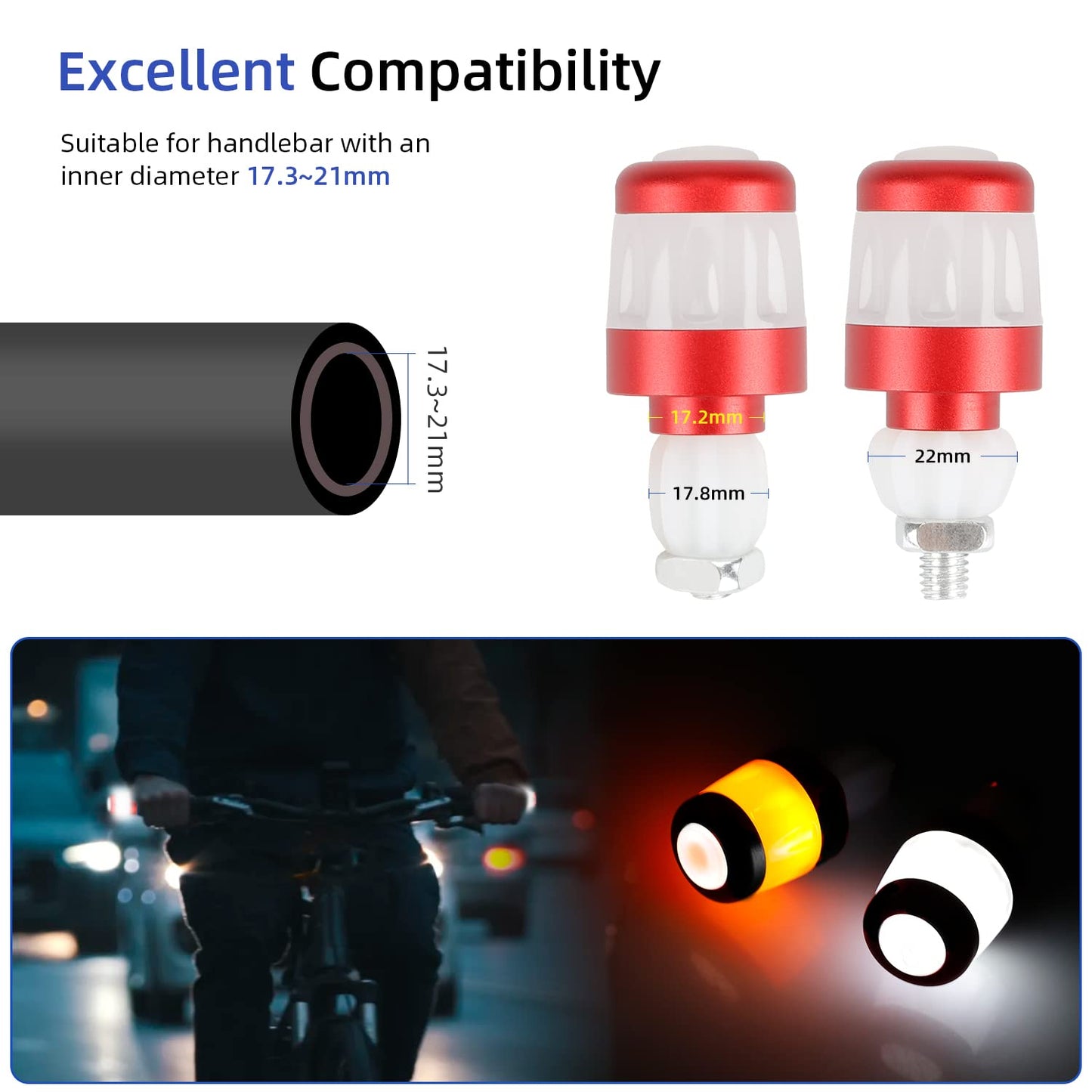 ulip Handlebar Grip Light Turning Signals for Bicycle Turn Signals for E-Scooters USB Rechargeable Indicator Lamp Smart Safety Warning Lights 3 Light Modes Red White