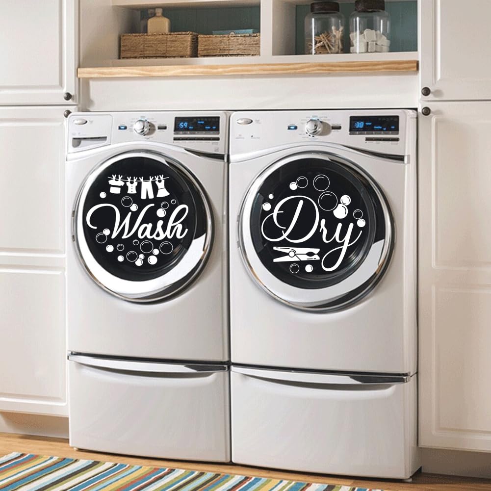 SUPERDANT Laundry Room Wall Stickers Wash and Dry Vinyl Wall Decals Washing Machine Art Wash Room DIY Decoration Hang Out to Dry Print for Washing Machine Laundry Rooms Decor White