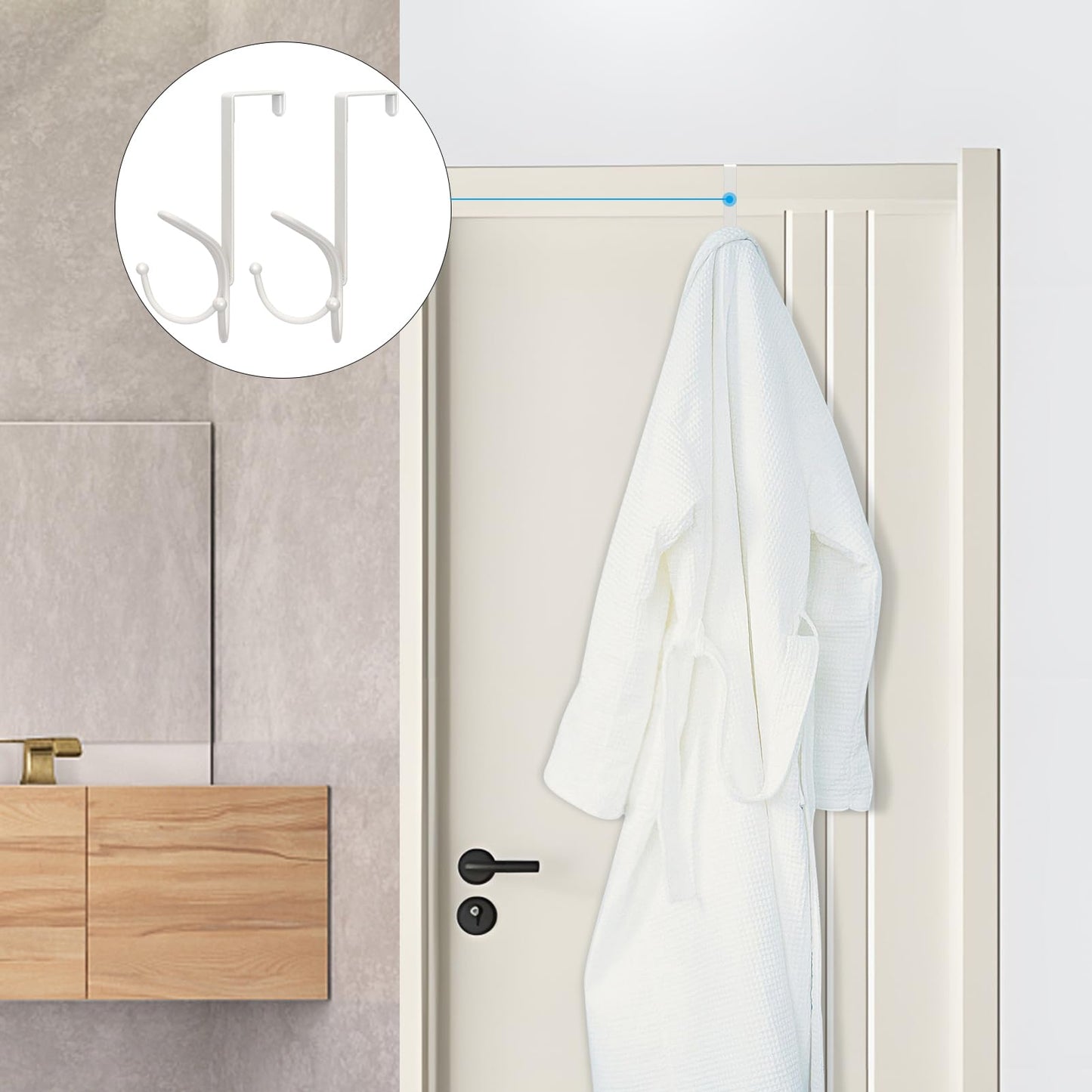 FYY Over The Door Hooks - 2 Pack Door Hangers with Sponge Pad Prevent Scratches Heavy Duty Organizer Hooks for Hanging Clothes, Robe, Towels, Hats, Bags White, Fit 1.2-1.47 inch Door