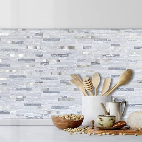 DICOFUN Peel and Stick Backsplash Tile, PVC Mixed Metal Stick on Backsplash Tiles for Kitchen and Bathroom (1, Light Grey & Metal Silver)