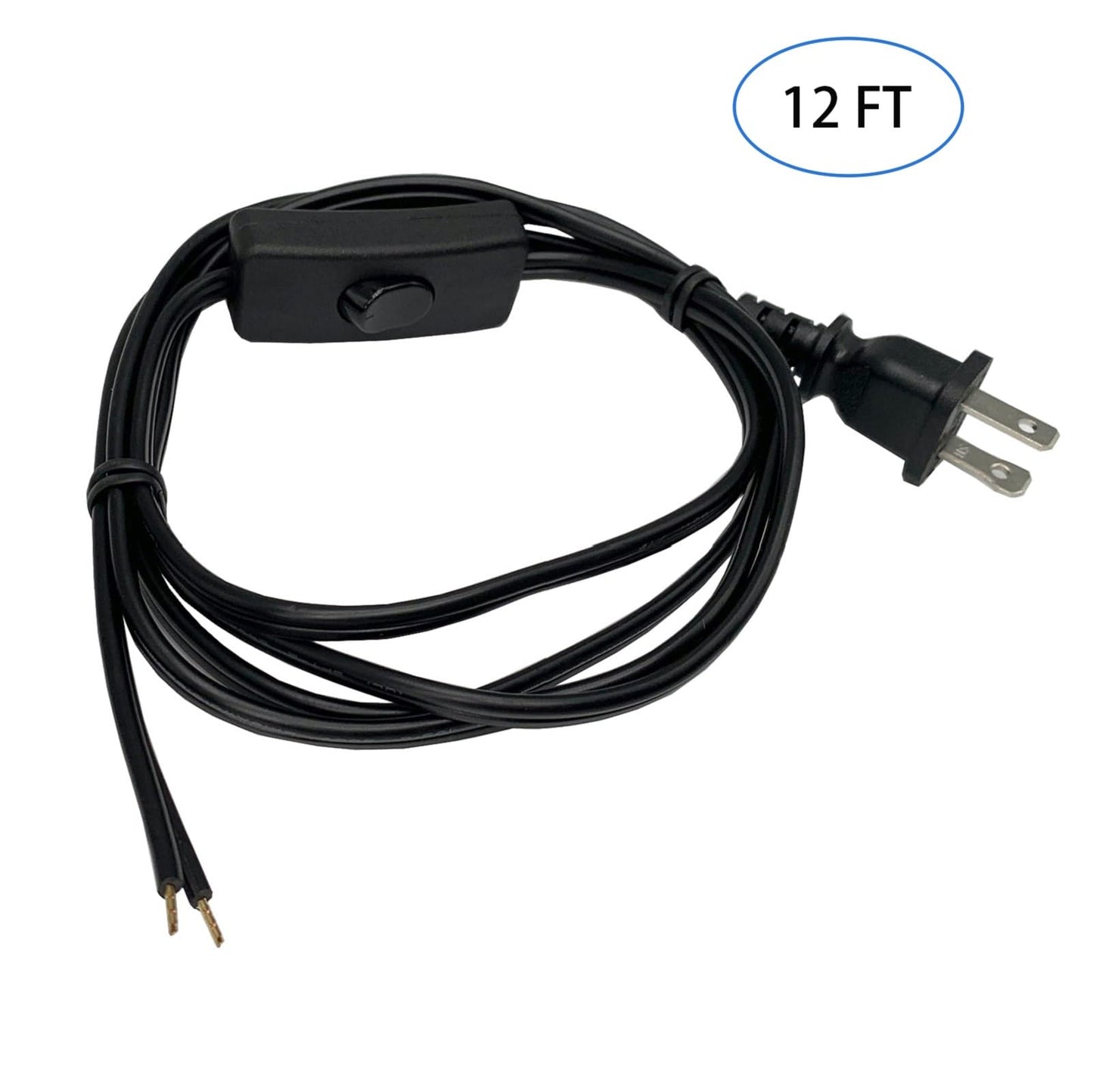 12FT Replacement Lamp Cord, 18 AWG 2 Prong Power Cord Cable with On Off Button Switch, Stripped Ends Ready for Wiring and Applicable to All Kinds of Household Lamps, Black
