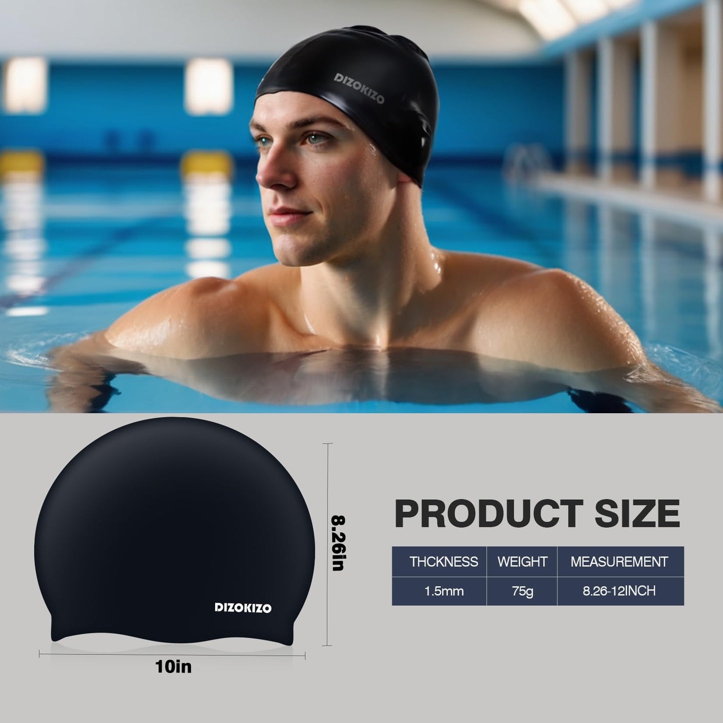 Dizokizo 2pcs High Elasticity Silicone Swim Cap for Women and Men, Comfortable Non-Slip Swimming Caps for Long and Short Hair, Durable Waterproof Swim Hats for Adults, Keep Hair Dry (Grey & Black)