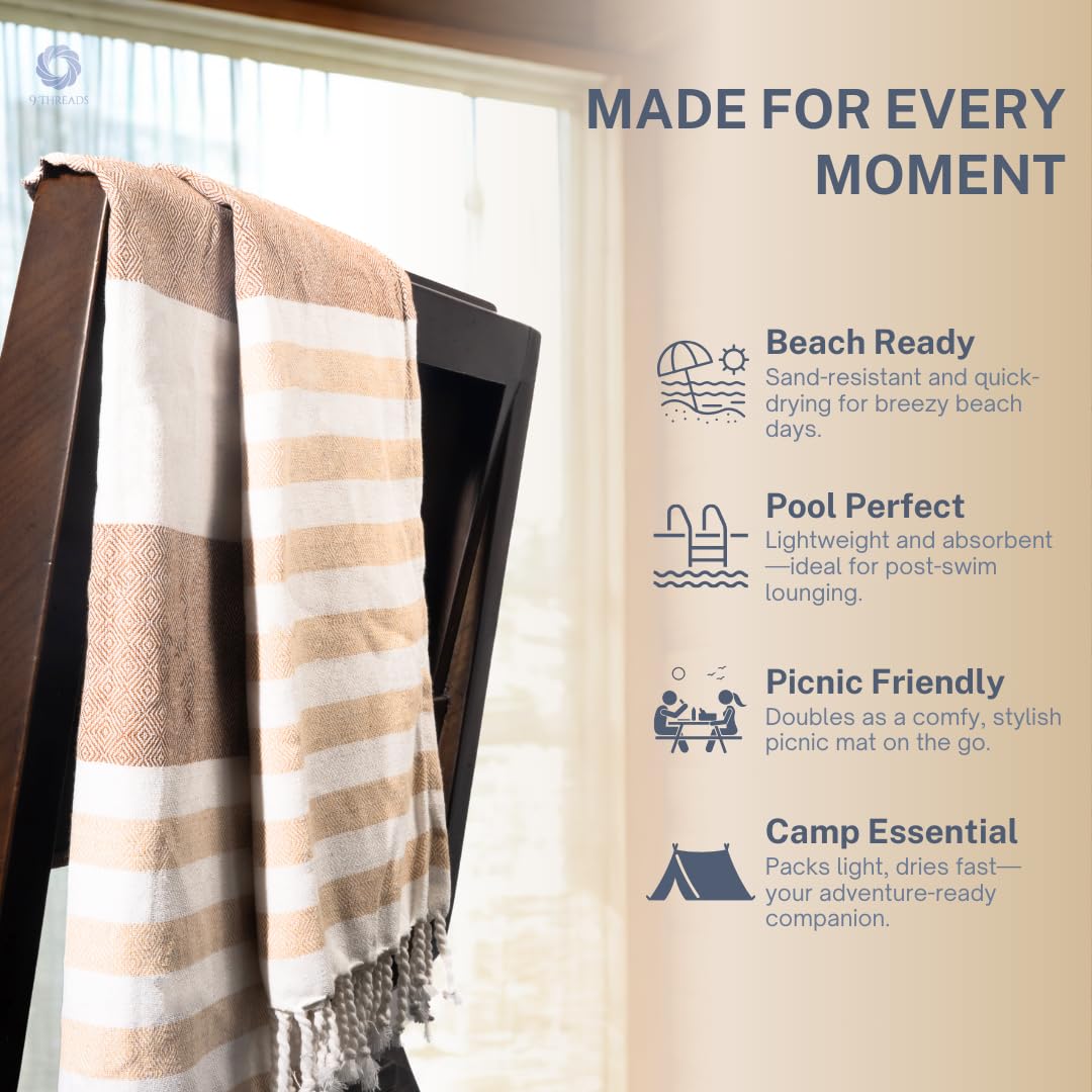 9Threads Cotton Turkish Beach Towel with Towels Oversized 36"x72" Pool Absorbent Extra Large Quick Dry Sand Travel Towel (Biscotti Luxe, 4 Pack)