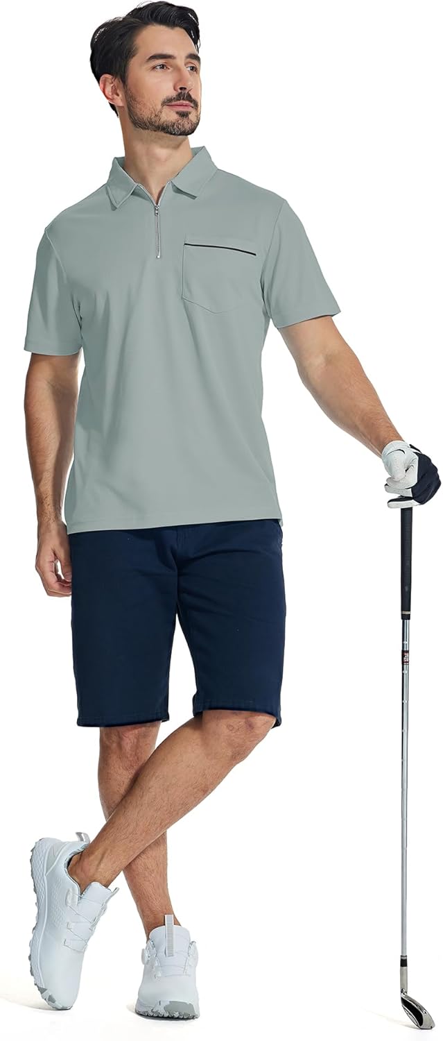 ZITY Men's Polo Shirt - Lightweight Casual Quarter Zip Golf Shirt with Pocket | Classic Short Sleeve