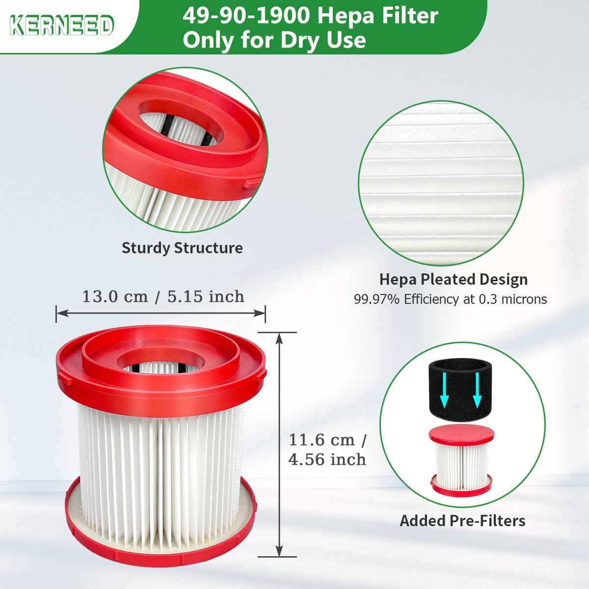 49-90-1900 HEPA Filter & 49-90-2015 Foam Wet Filter Compatible with Milwaukee Wet/Dry Vacuums 0780-20, 0880-20, 0960-20, 0970-20, with 2 Foam Sleeve Filters & 1 Brush