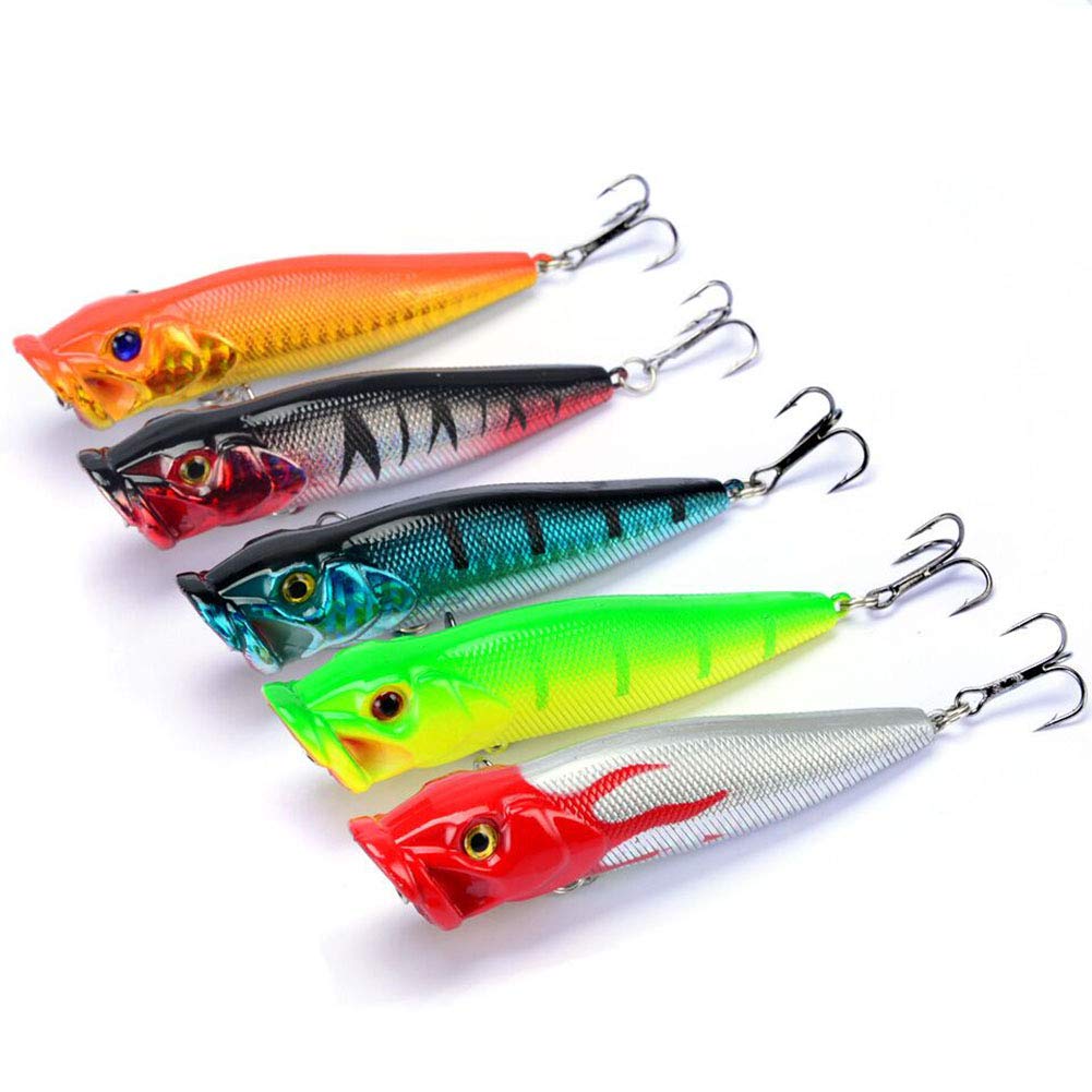 SunMine 5pcs Fishing Bass Lures Popper Lure Shallow Swimbait Crankbait with Treble Hook 3D Fishing Eyes for Bass Trout Freshwater and Saltwater