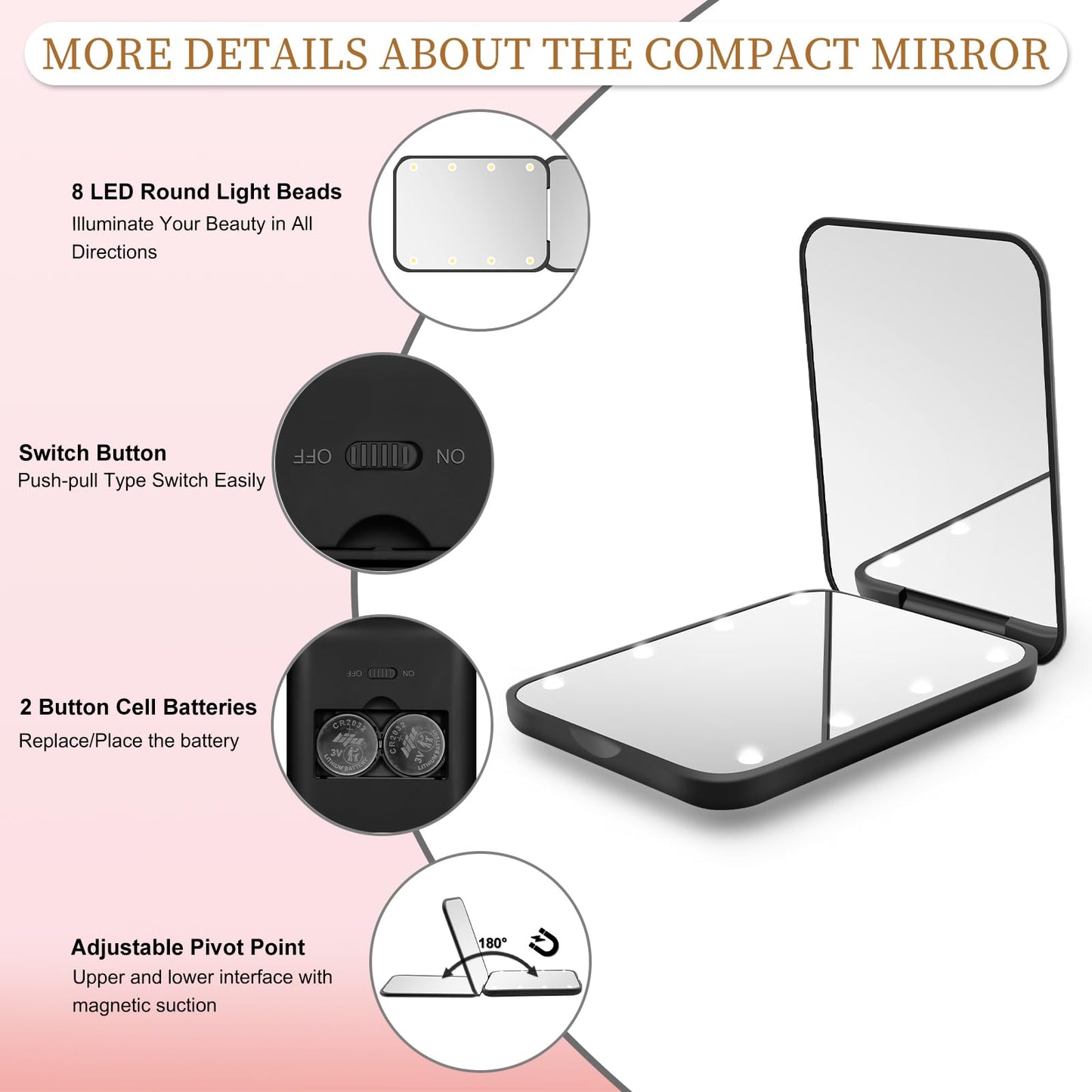 Kakuje Compact Mirror, 1X/3X Magnification LED Pocket Mirror with Nternal BIattery, Mini Mirror for Purse, Pocket,Travel and Present (Black)