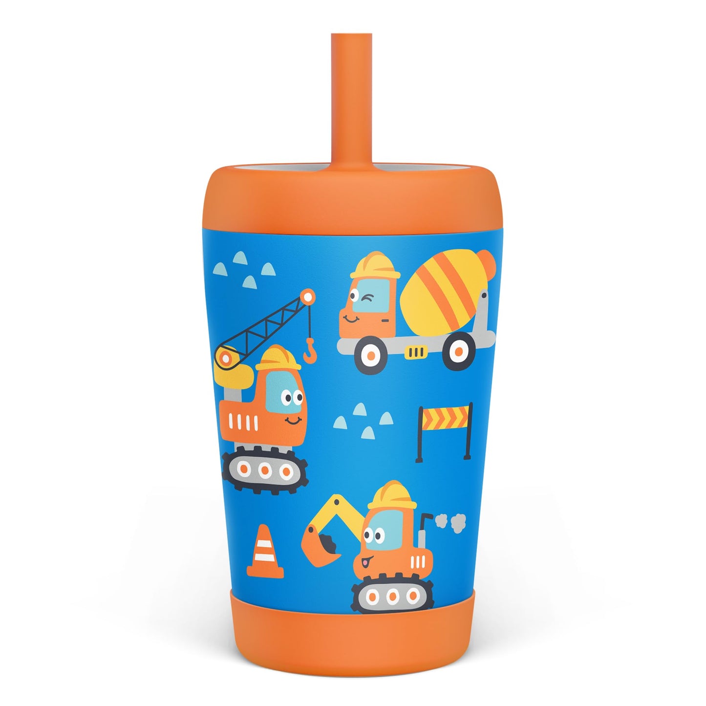 SANDJEST Kid Insulated Stainless Steel Tumbler with Silicone Straw, 12oz Sippy Cup for Kids (Construction Trucks)