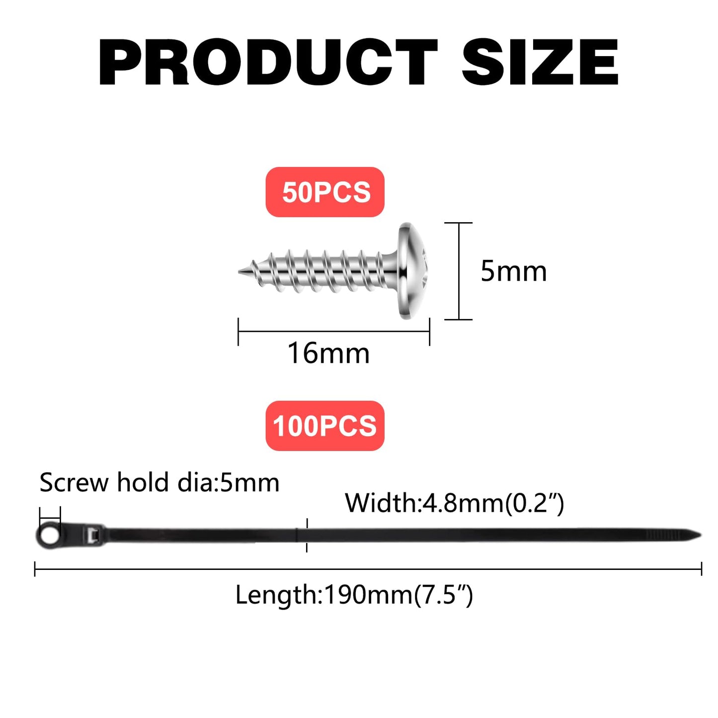 100 PCS Nylon Universal Cable Tie Buckle, Zip Ties With Screw Hole, with 50 PCS Screw Hole 75 lbs Mountable head Cable management Ties for Indoor & Outdoor Use