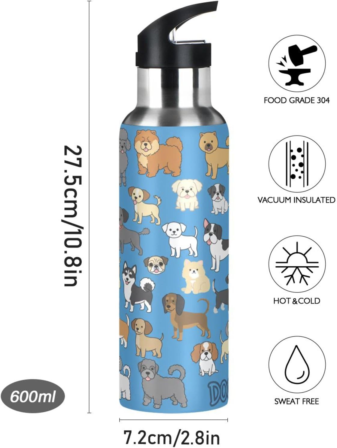 Skiennix Puppy Dog Water Bottle - Insulated Stainless Steel Flask with Straw Lid | 20 Oz Hot & Cold