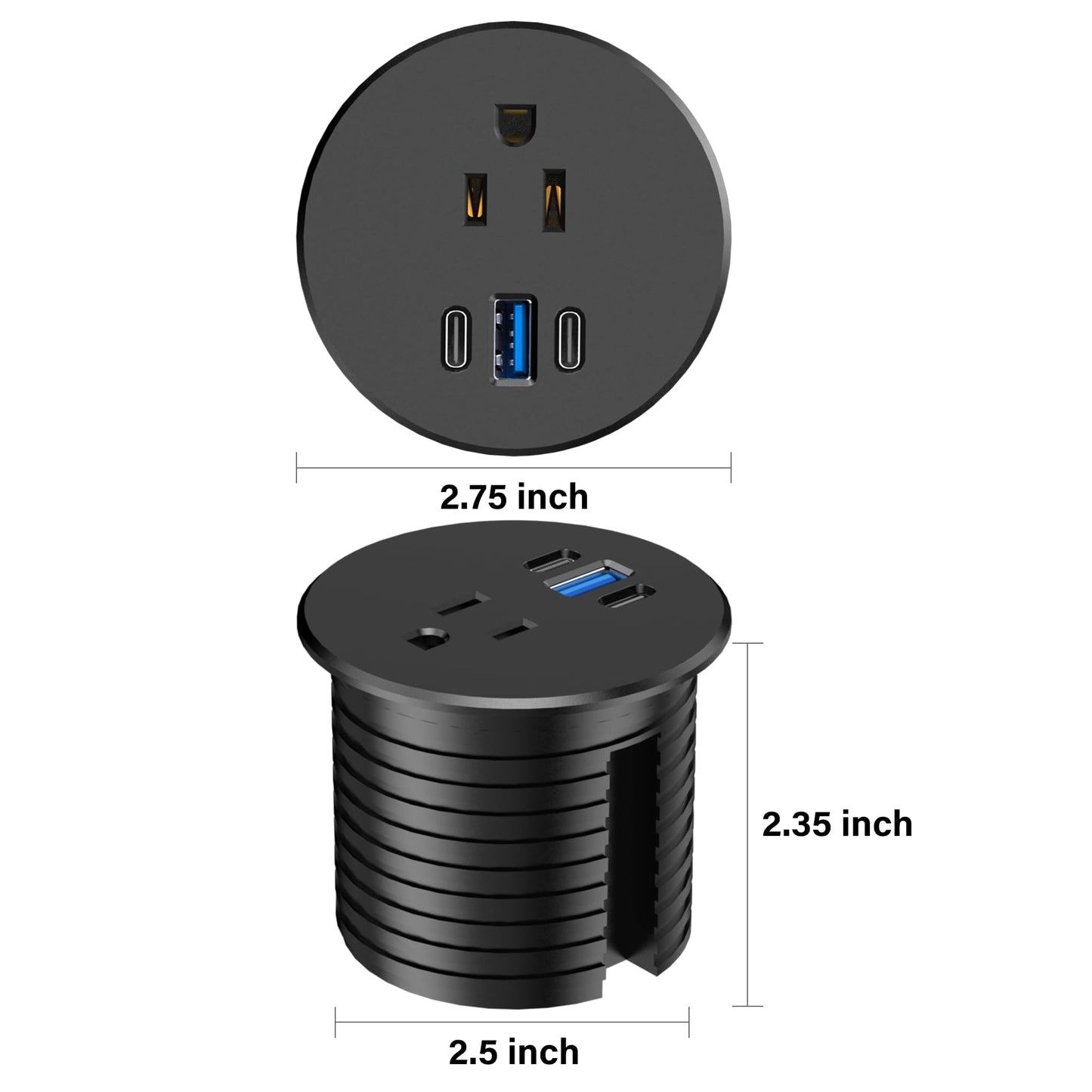 2.5 inch Power Grommet,20W USB-C Charging,1 Outlet with 2 USB C,1 USB Port,Furniture Flush Mount for Desktop,Recessed Power Strip,Workspace Essential Desk Outlet (Black, 6 FT)