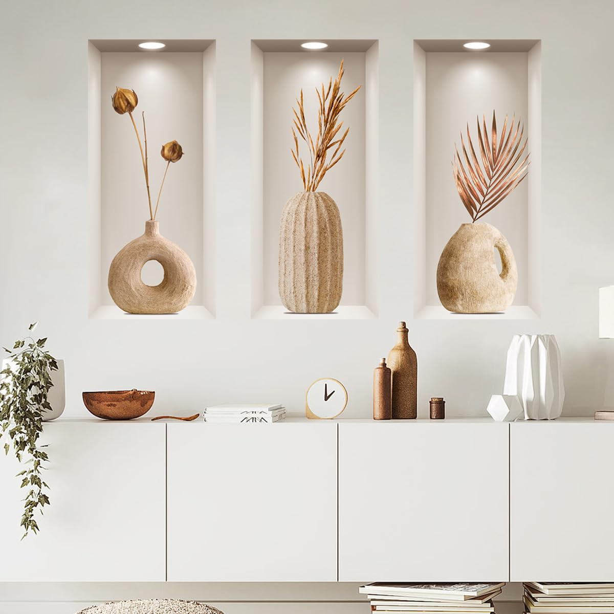 LOONELO 3D Dried Flower Vase Wall Stickers, 3Pcs Rustic Blossom PVC Wall Decals, Removable 3D Floral Wall Art for Living Room, Bedroom, Entryway, Sofa Backdrop, Yoga Studio, Office, Home Decor