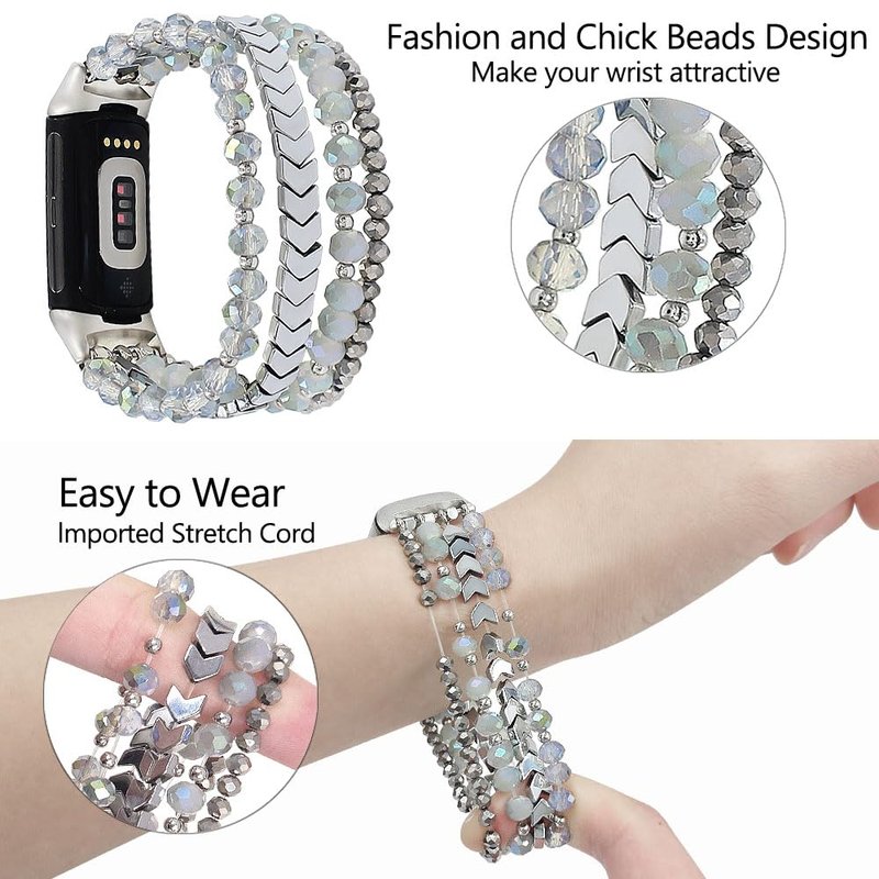 WONMILLE Beaded Bracelet Compatible with Fitbit Charge 6 Bands/Fitbit Charge 5 Bands Women, Elastic Stretch Bracelets Jewelry Strap Replacement for Charge 6/Charge 5 Fitness Tracker (Blue/Silver,S)
