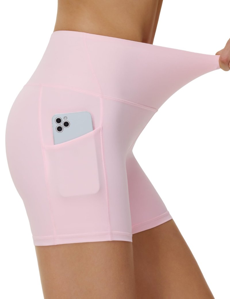 THE GYM PEOPLE Women's High Waist Workout Shorts Stretchy Tummy Control Yoga Biker Running Shorts with Pockets Light Pink