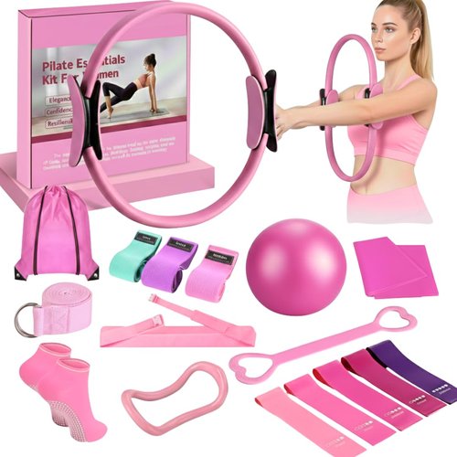 ZentroCart 18 Pcs Pilates Kit for Home Workouts Women, 14" Magic Circle with Pilates Ring and Ball Set, 3 Fabric Resistance Bands & 5 Latex Bands for Core Strength, Toning & Flexibility.