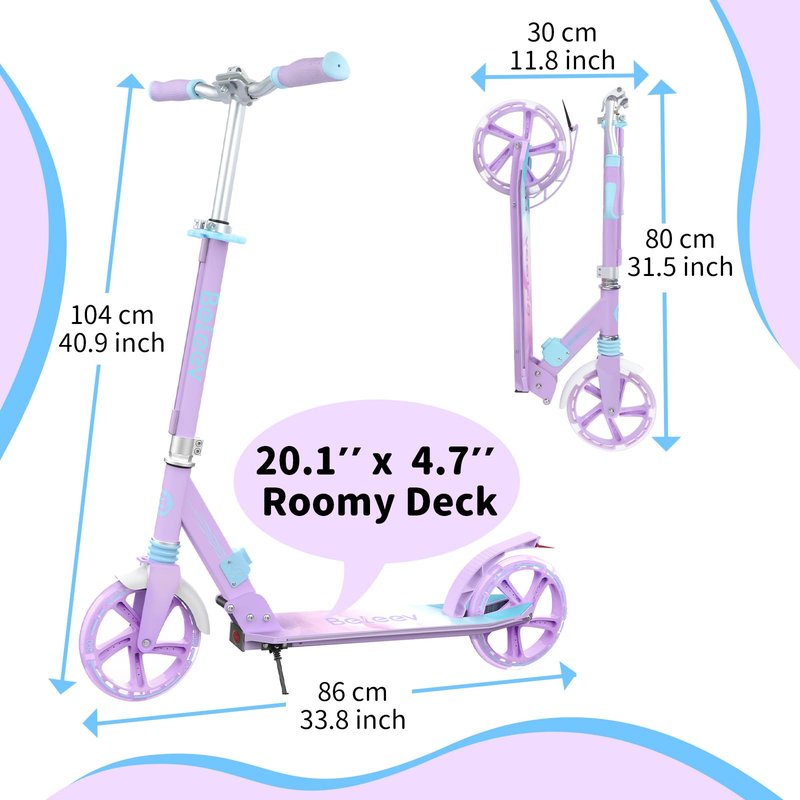 BELEEV V8 Scooters for Kids Ages 6+ with Light-Up Wheel & Stem & Deck, 2 Wheel Folding Scooter for Adults Teens, 4 Adjustable Height, Lightweight Sport Commuter Scooter, up to 220lbs(Light Purple)