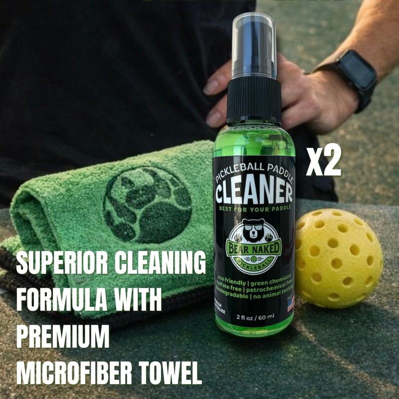 Pickleball Paddle Cleaner Spray Kit - Made in USA Formula - Maintains Paddle Surface - Optimal for Carbon Fiber, Graphite & Kevlar - Two 2oz Bottles with Microfiber Towel