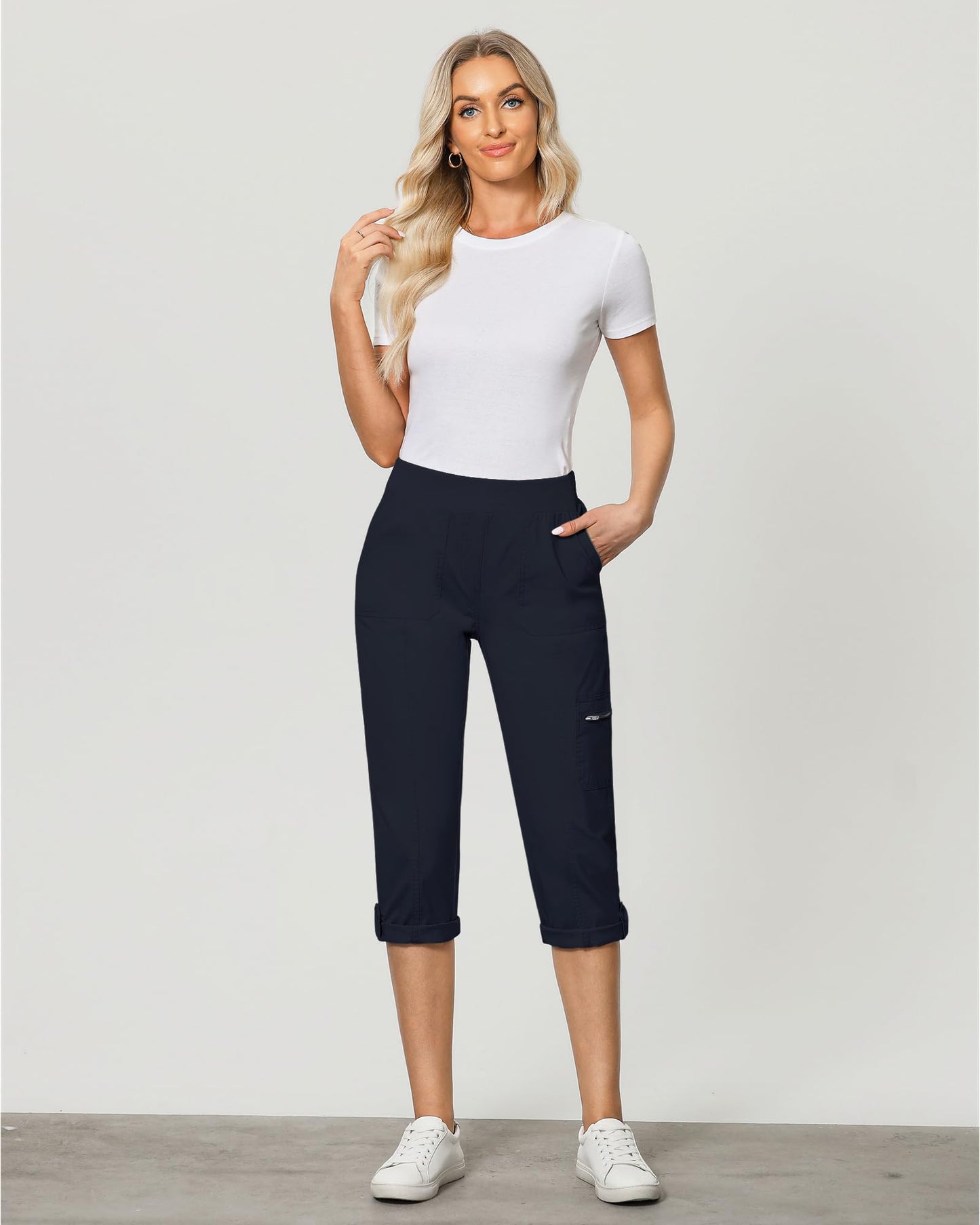 GRAPENT Travel Pants Women Ladies Pants Pull On Elastic Waist Ladies Capris Summer Casual Utility Cargos for Women Womens Comfy Cropped Trousers Zipped Pockets Color Navy Blue X-Large Size 16 to 18
