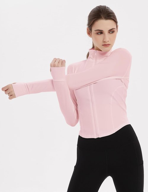 Gihuo Women's Athletic Full Zip Lightweight Workout Jacket with Thumb Holes (US, Alpha, Medium, Regular, Regular, Pink)