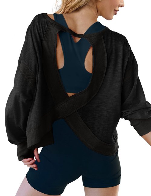 UNIANKIYA Open Back Workout Tops for Women Long Sleeve Cropped Athletic Clothes Gym Running Yoga Low Impact Sports T Shirts Black