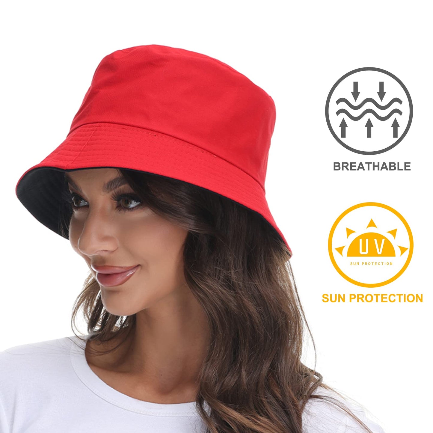 Women Reversible Bucket Hat, Summer Sun Hat for Women, Black- Red