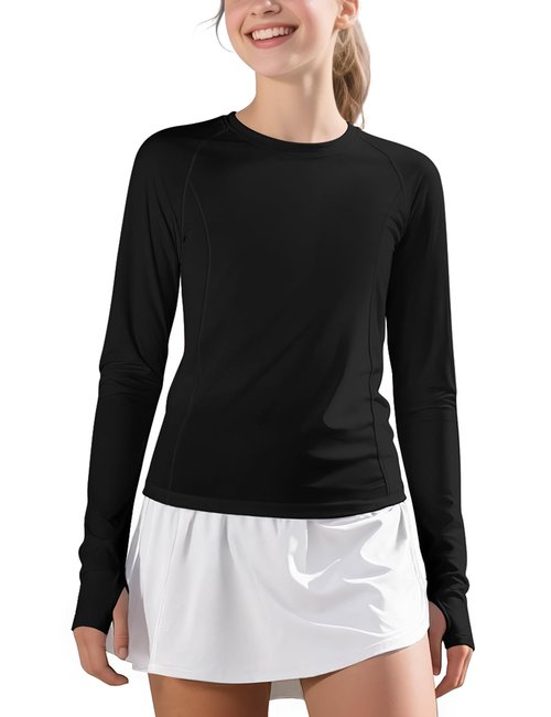 JOCMIC Girls Long Sleeve Shirts Athletic Shirt with Thumbholes Kids Crew Neck Basic Tee Tops for Sports Gym Yoga Black 11-12 Years