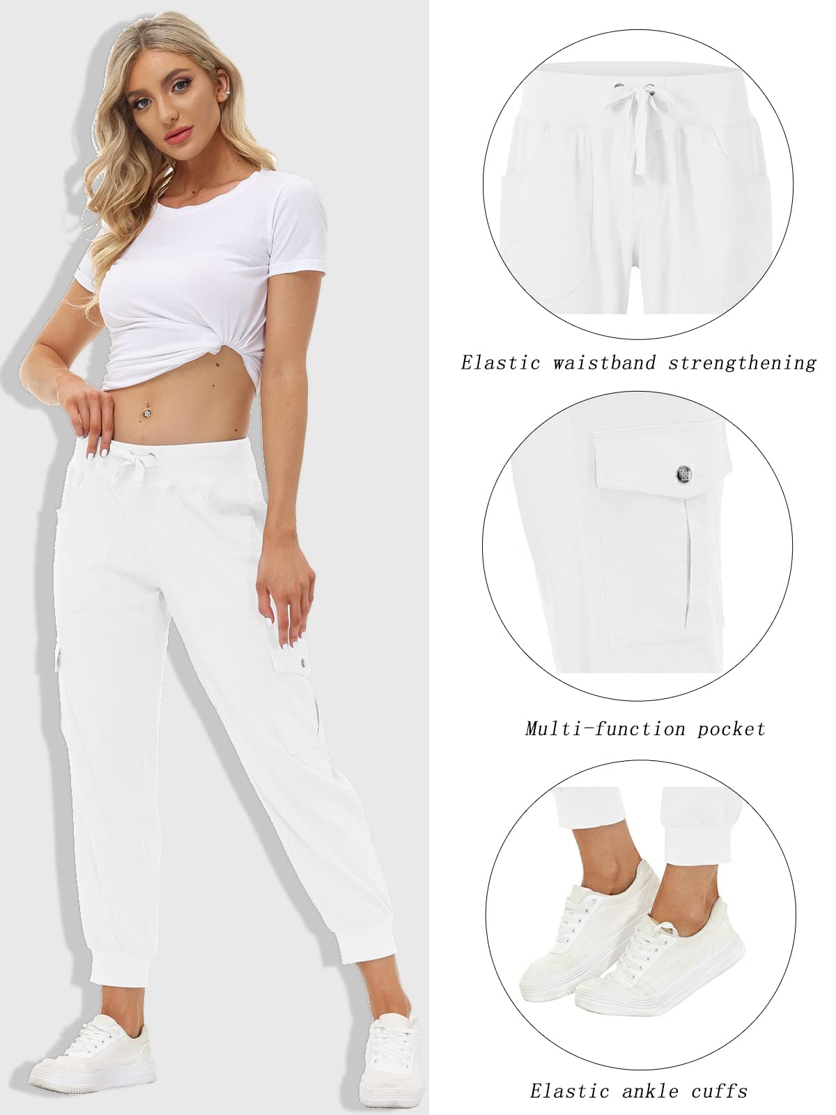 MoFiz Women's Cargo Pants Hiking Joggers Summer Lightweight Quick Dry Athletic Outdoor Sports Sweatpants Travel Casual Button Pockets Rice White 4XL