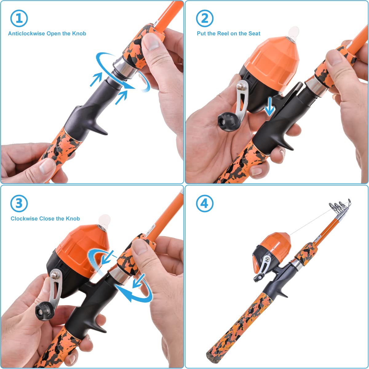 LEOFISHING Kids Fishing Pole Set with Full Starter Kits Portable Telescopic Fishing Rod and Spincast Reel with a Fishing Net and Bucket for Boys Girls and Youth (Orange)