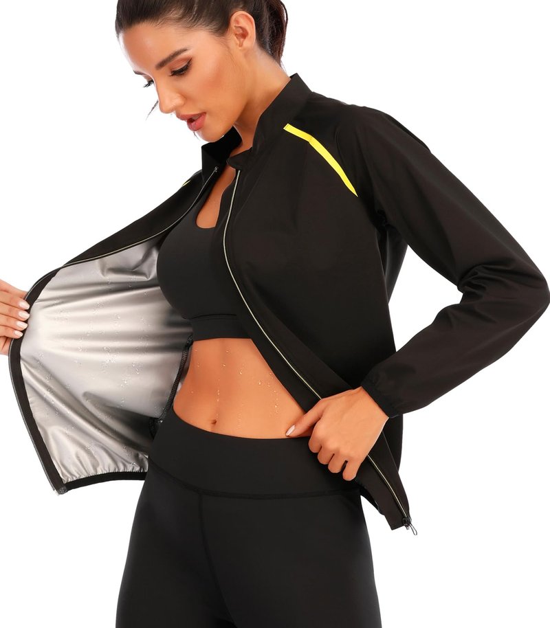 NINGMI Sauna Jackets for Women Long Sleeves Sweat Suit Weight Loss Shirt Zipper Workout Gym Exercise Body Shaper