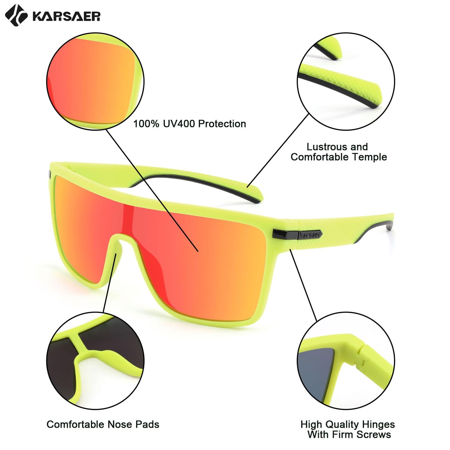 Karsaer Flat Top TR90 Polarized Sports Mens Sunglasses Vintage Square Cycling Running Fishing Golf Hiking Sports Glasses