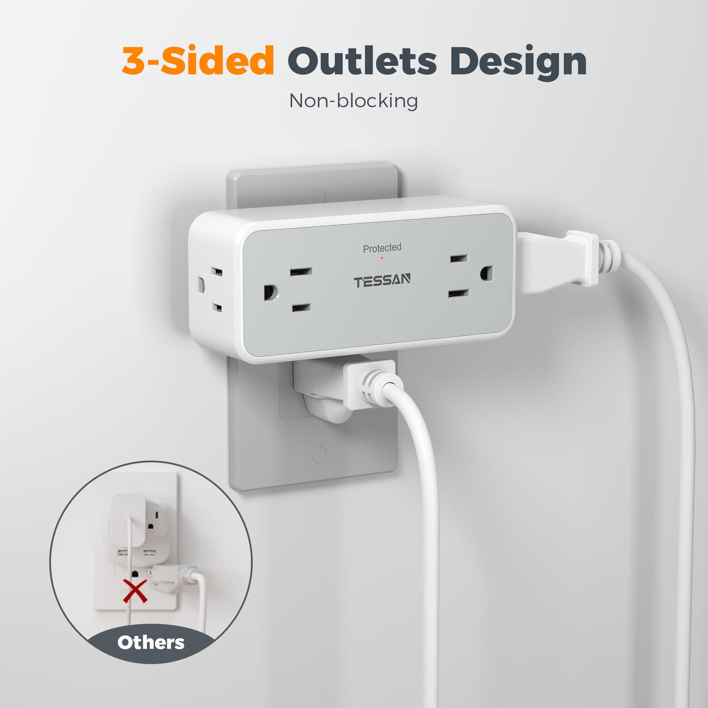 Surge Protector Outlet Extender, TESSAN 2100J Multi Plug Splitter with 4 Electrical Outlets, 3 Side Multiple Wall Plug Expander for Home Office Kitchen Dorm Room Essentials