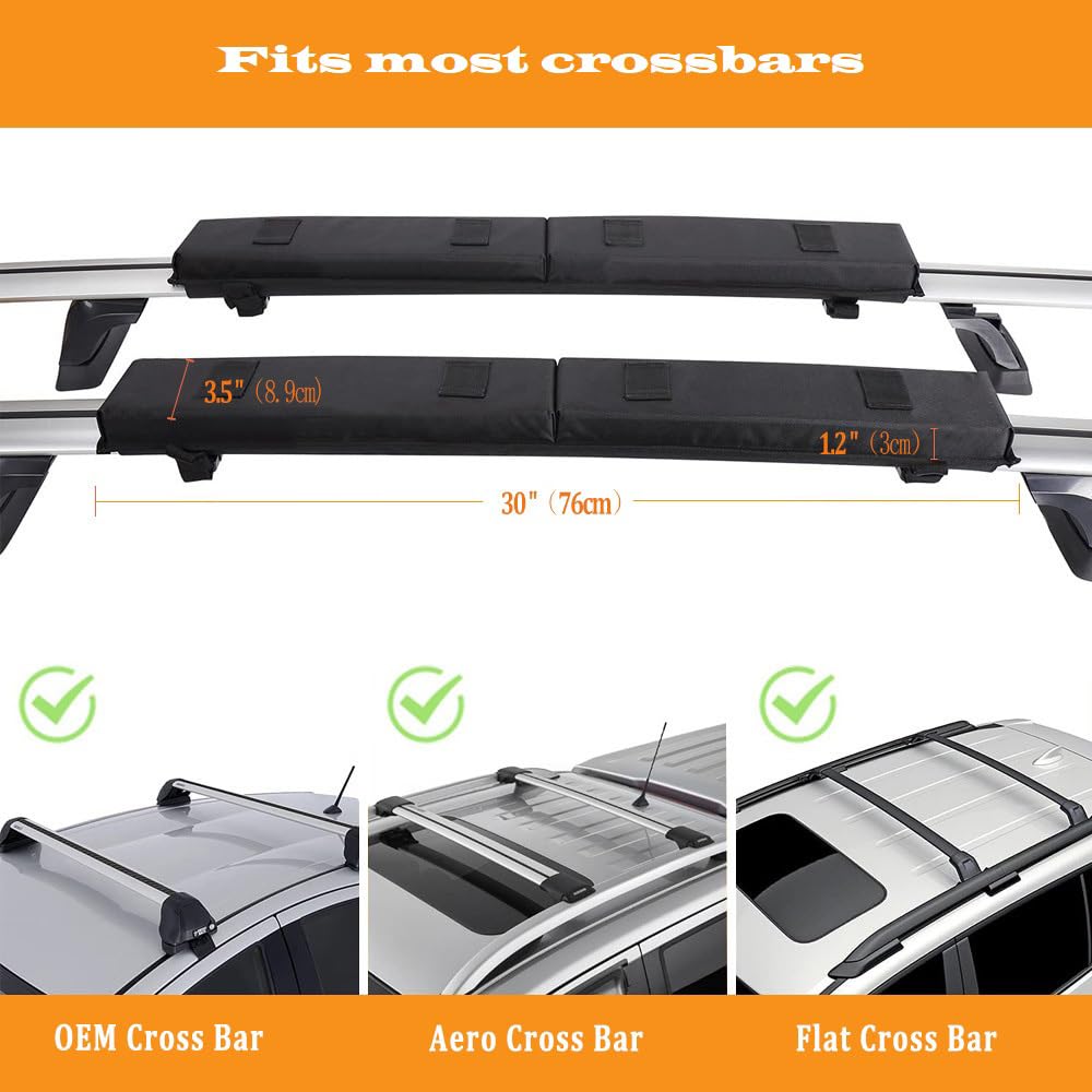 Roof Rack Cross Pads Fit on Cross Bars with Mountain Buckle,Nylon Cord Strap,Oversized Organizer Pouch for Kayak/Surfboard/SUP