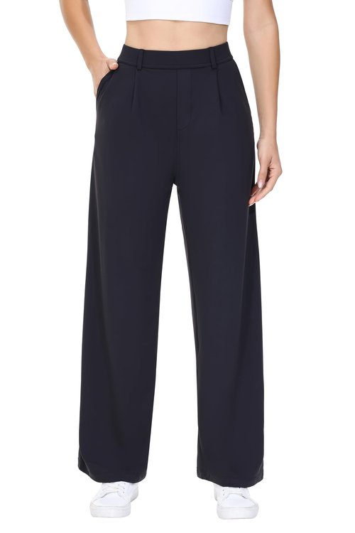 Womens Dress Pants Straight Wide Leg Work Business Casual Trousers Wear Stretchy Pull on Office Slacks Travel Yoga Sweatpants High Waisted with Pockets Tall Comfy Lounge Trendy Clothes Black 31" M