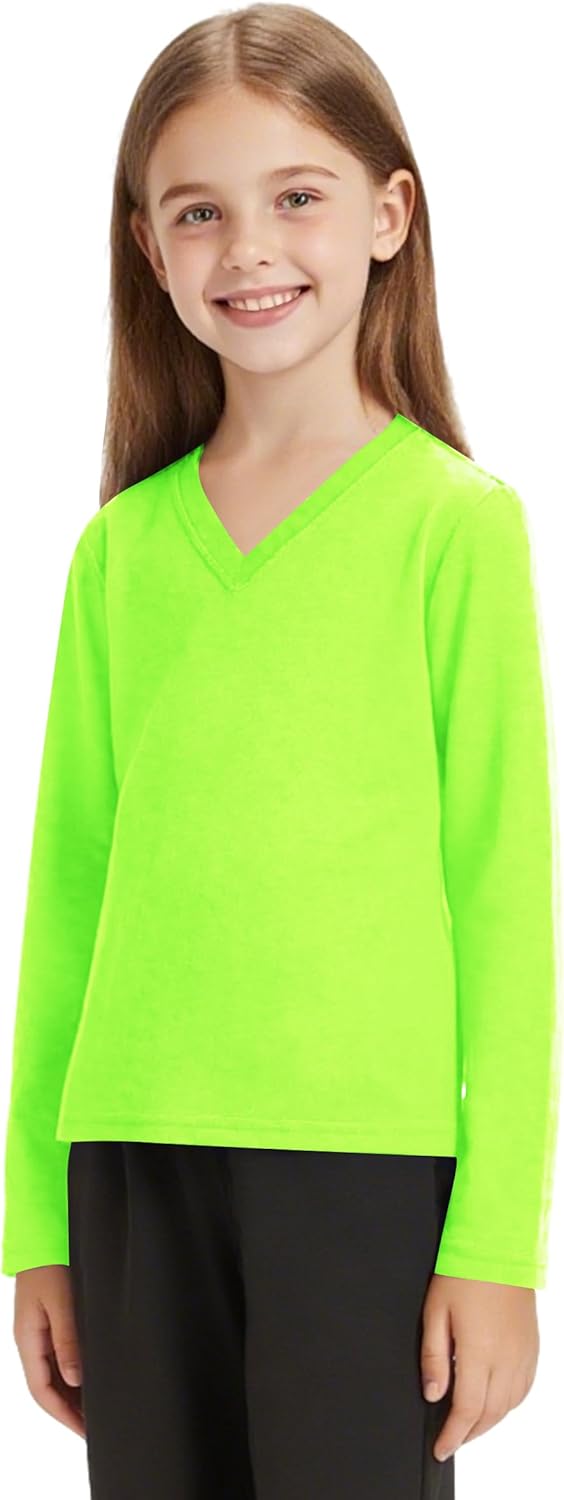 QBK Youth Neon Rash Guard - UPF 50+ V-Neck Dry Fit Long Sleeve Shirt for Kids