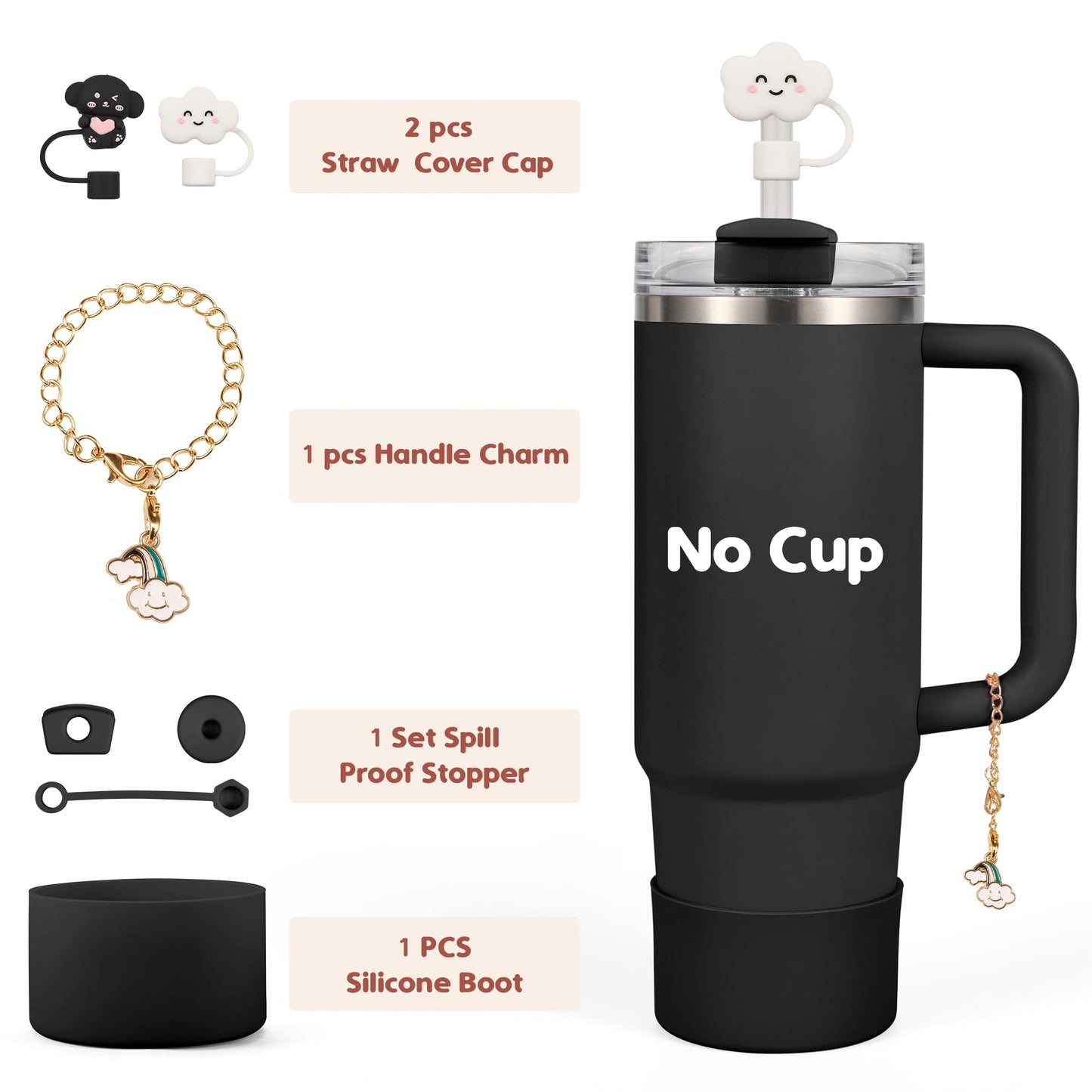 Noxgifix Stanley Cup Accessories Set,with 2 Pcs 0.4in Straw Cover,1 Silicone Protective Boot,3 Silicone Spill Proof Stopper,1 Handle Charm,for Stanley Cup 30&40 OZ Tumbler Accessories Decorate