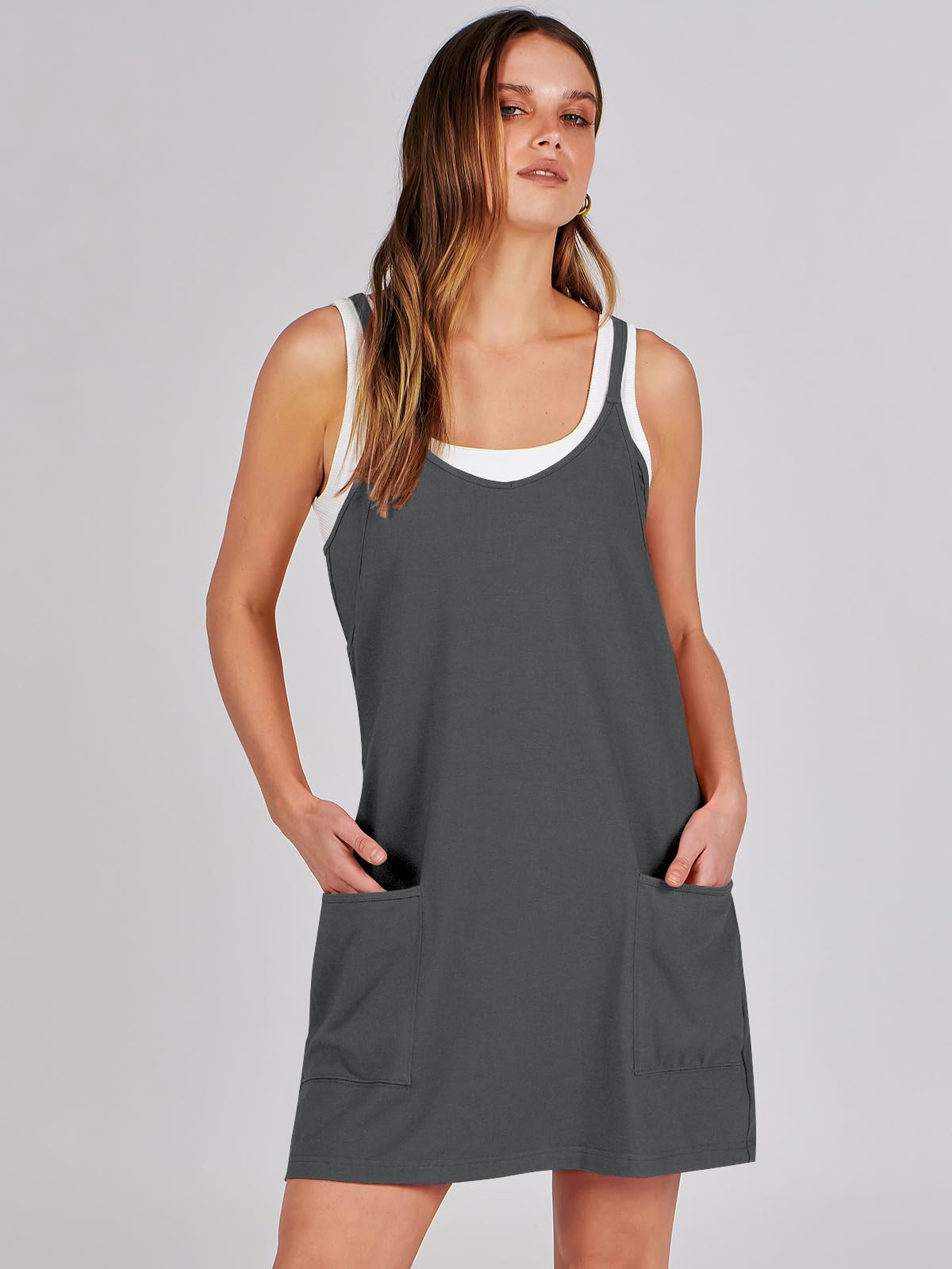 ANRABESS Women Athletic Dress Summer Tennis Workout Active Sports Mini Romper Dress Built in Shorts Travel Vacation Clothes Gray Small