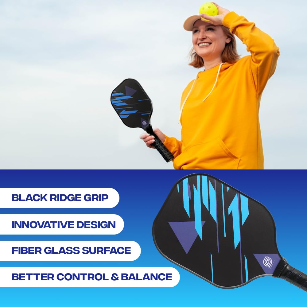 Sevko Pickleball Paddles Set of 2 - Fiberglass Surface Pickleball Paddles Set - 4 Pickleball Balls, & Carry Bag, Pickle Ball Paddle (Sky Blue)