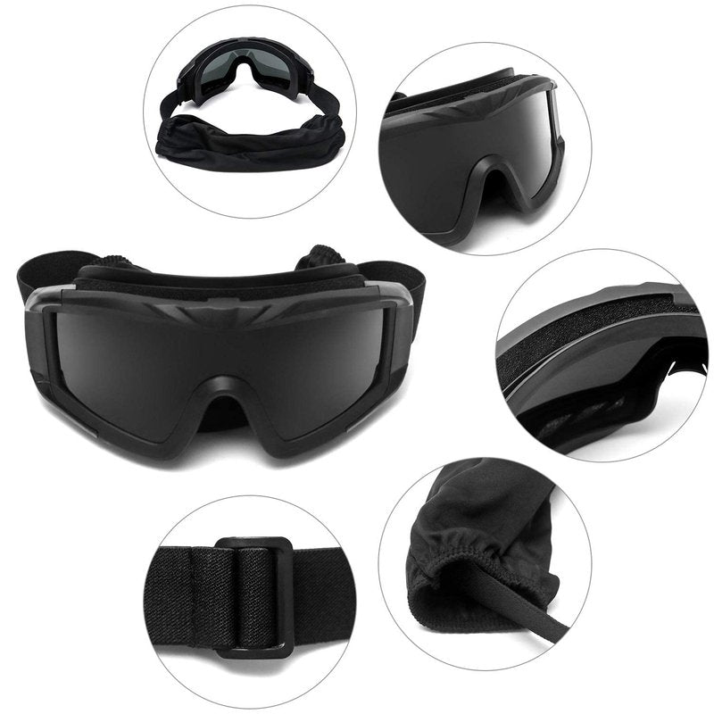 QWORK Outdoor Sports Military Airsoft Tactical Goggles with 3 Interchangable Lens for Riding, Black