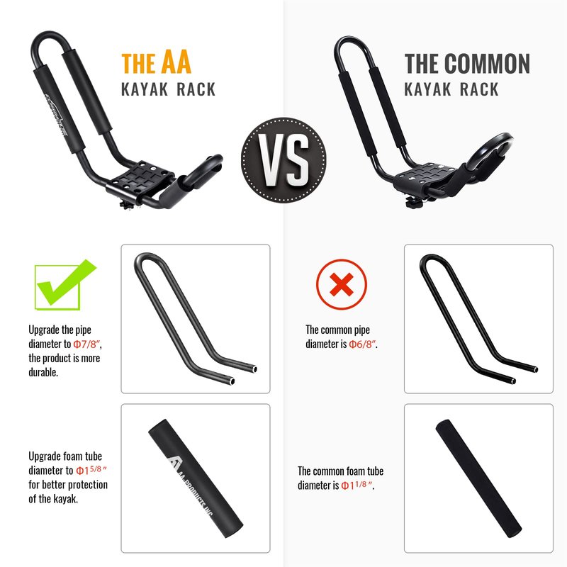 AA-Racks J-Bar Rack for Kayak Carrier Canoe Boat Paddle Board Surfboard Roof Top Mount on Car SUV Truck Crossbar with 16 Ft Ratchet Lashing Straps