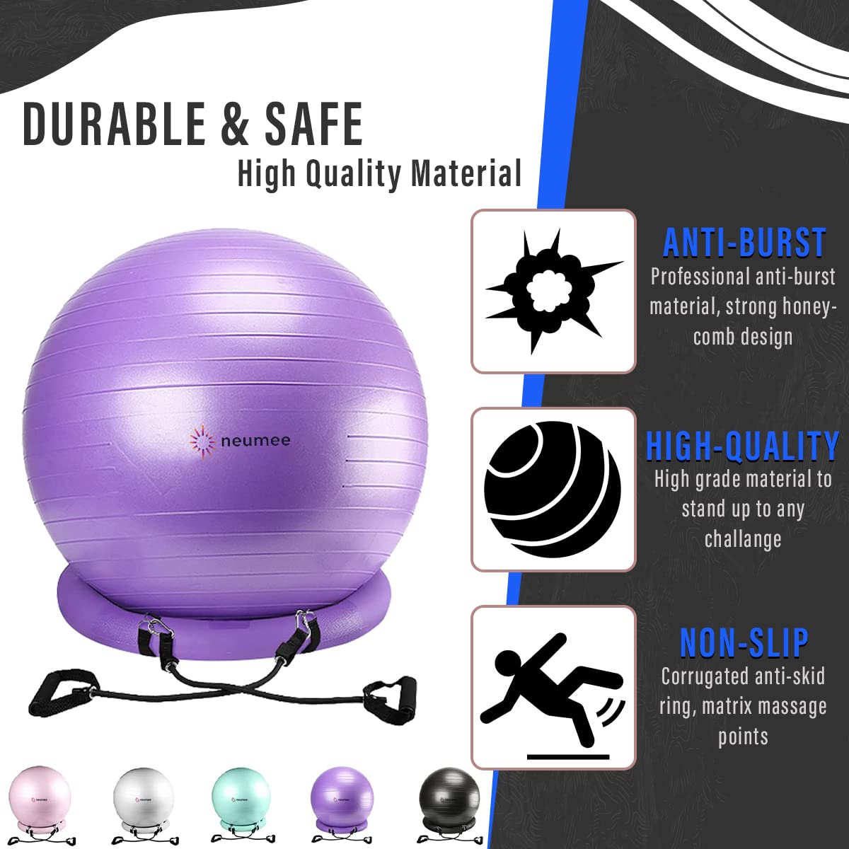 NEUMEE Yoga Ball Chair with 65cm Exercise Ball & 2 Resistance Bands, Stability Base for Home Office, Yoga, Pilates & Fitness, Balance Ball for Posture, Core Strength & Low Impact Workouts (Purple)