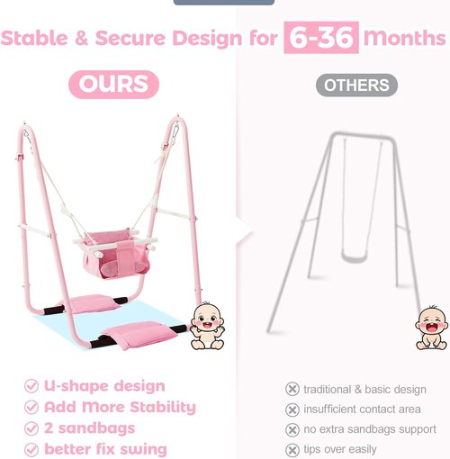 FUNLIO U-Shape Toddler Swing Set - Heavy Duty Metal Frame with Sandbags & Anti-Slip Pads | Portable Pink Design for Indoor/Outdoor Use